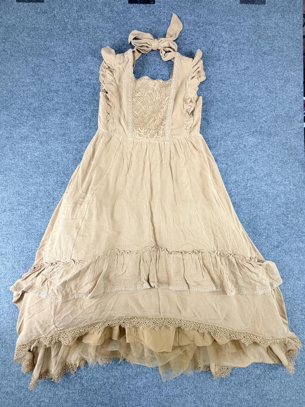 Joyfolie Cassia Dress Womens 14 Marigold Yellow Lace Maxi Ruffle Tie Back